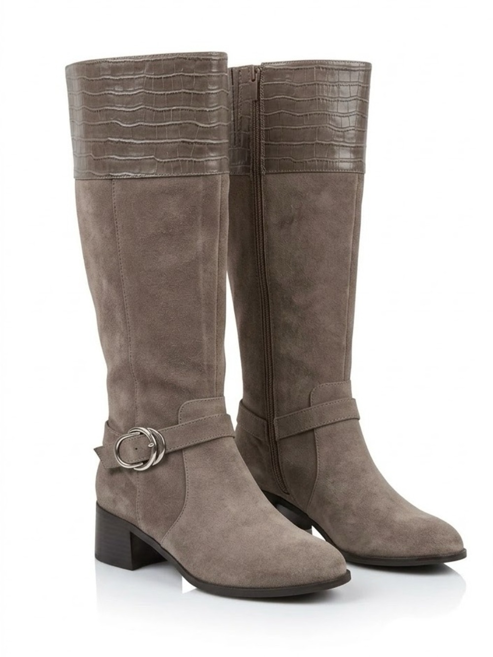 Marc Fisher Gray Suede Knee High Croc Embossed Buckle Boots 8.5 NWOT